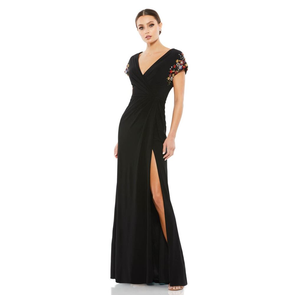 Mac Duggal Embellished Jeweled Sleeve Jersey Wrap Evening Gown 6
